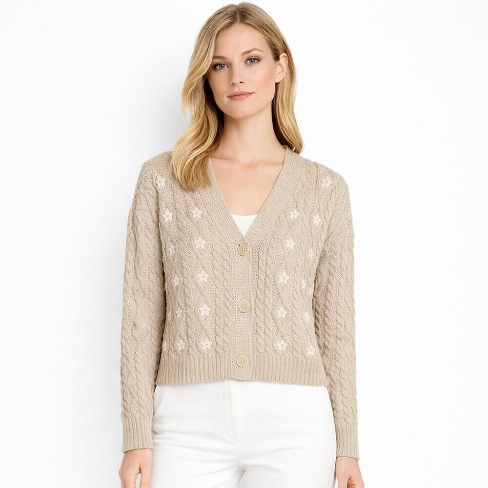 GiGi Knitwear Women's Daisy Embroidered Cable Knit Cardigan Small Tan